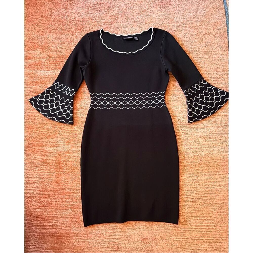 Nina Leonard Black Knit Dress Size S Bell Sleeves Contrast Trim